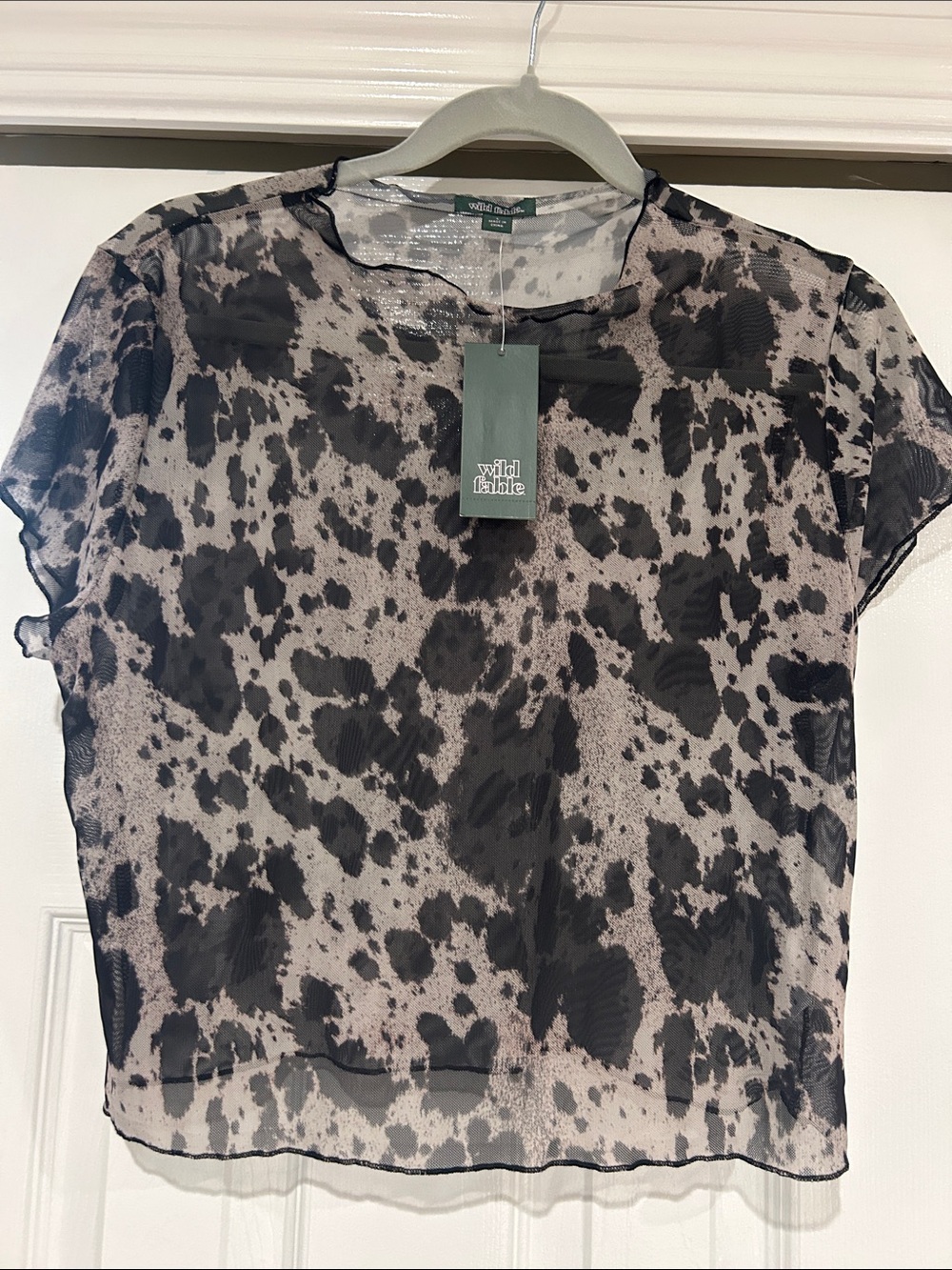 wild fable Black and Cream Sheer Animal-Print Short Sleeve Top